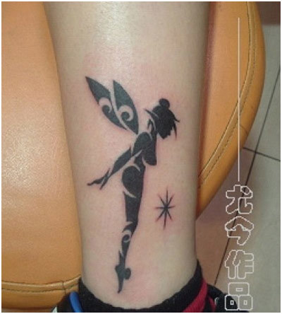 Black Tribal Fairy Tattoo On Right Leg