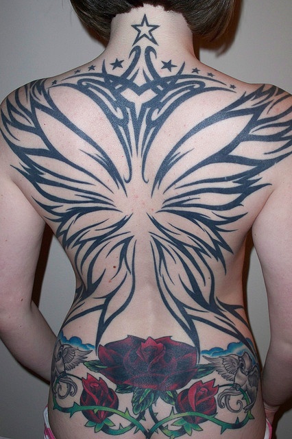 Black Tribal Fairy Wings With Roses Tattoo On Girl Full Back