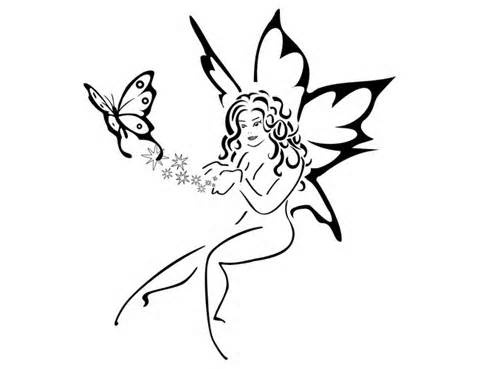Black Tribal Flying Fairy With Butterfly Tattoo Stencil