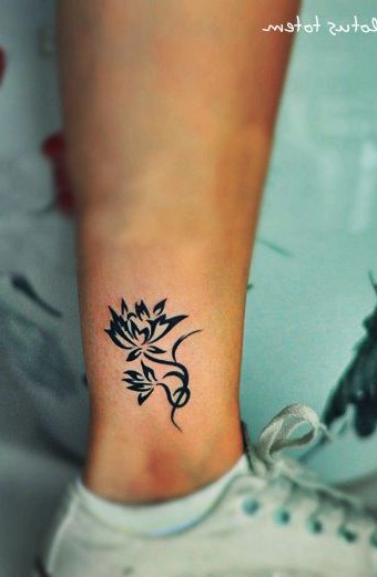 Black Tribal Lotus Flower Tattoo On Right Ankle
