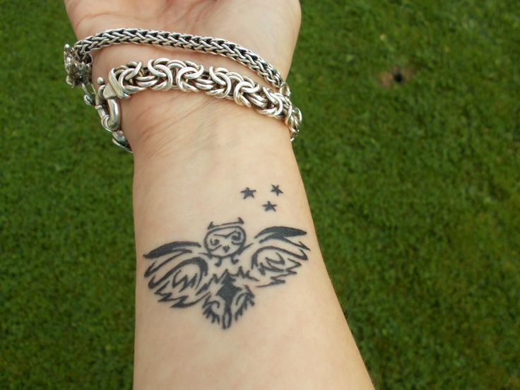 Black Tribal Owl Tattoo On Right Wrist