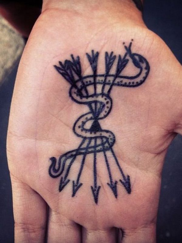 Black Tribal Snake With Arrows Tattoo On Hand Palm