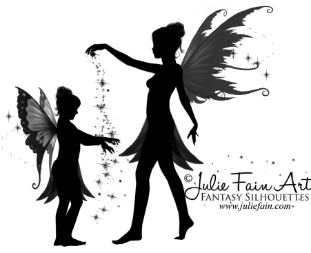 Black Two Fairies With Fairy Dust Tattoo Design