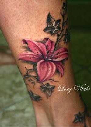 Black and Grey Leaves With Lily Tattoo On Ankle