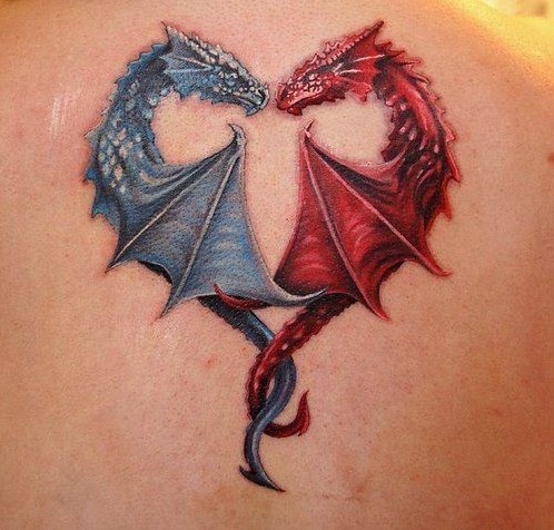 Blue And Red Dragon Tattoo On Back Shoulder