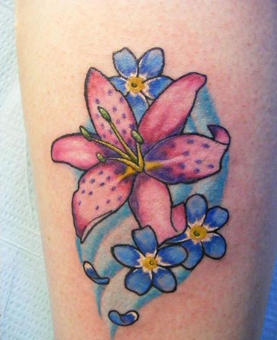 Blue Flowers And Tiger Lily Tattoo