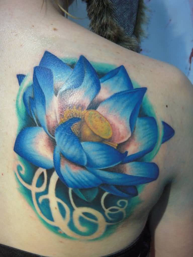 Blue Ink 3D Japanese Lotus Tattoo On Girl Right Back Shoulder By Sam Dunn