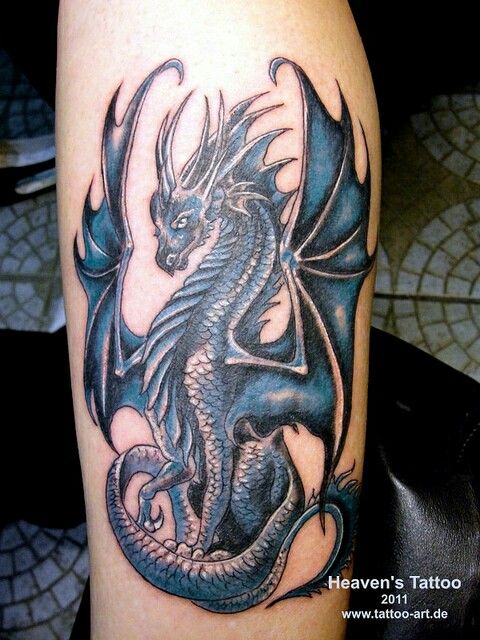 Blue Ink Dragon Tattoo On Arm