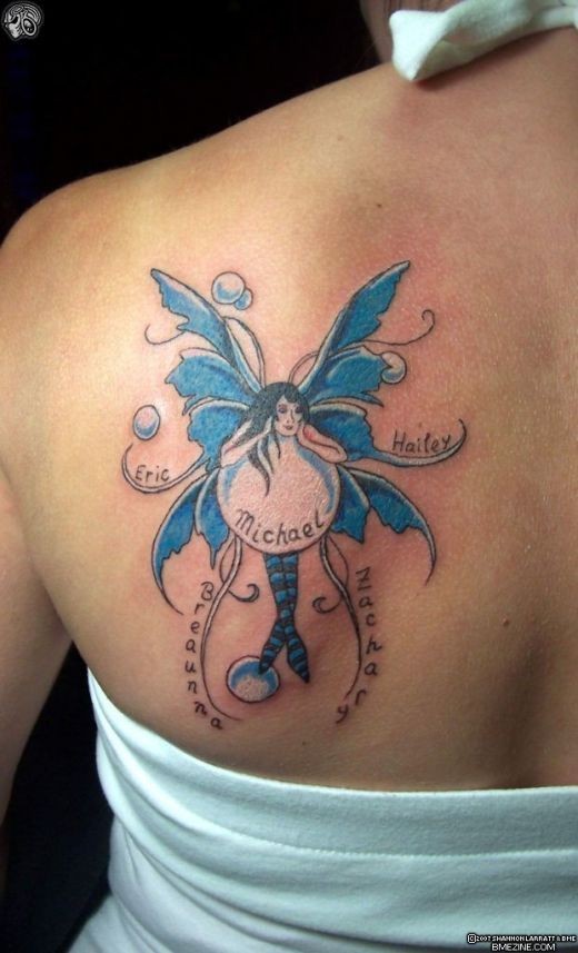 Blue Ink Fairy Tattoo On Girl Left Back Shoulder