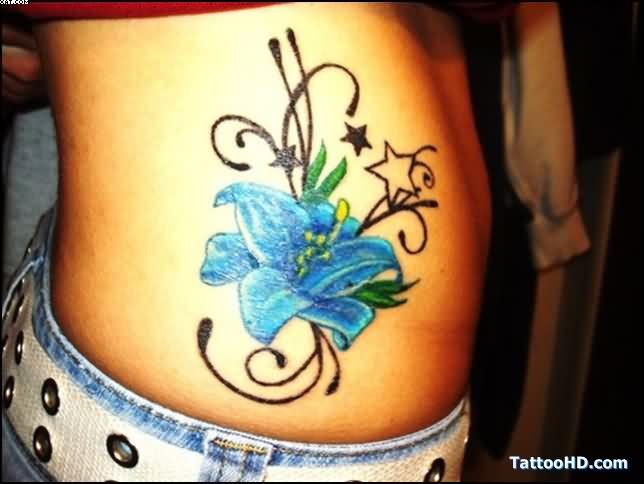 Blue Ink Lily And Stars Tattoo On Side Rib