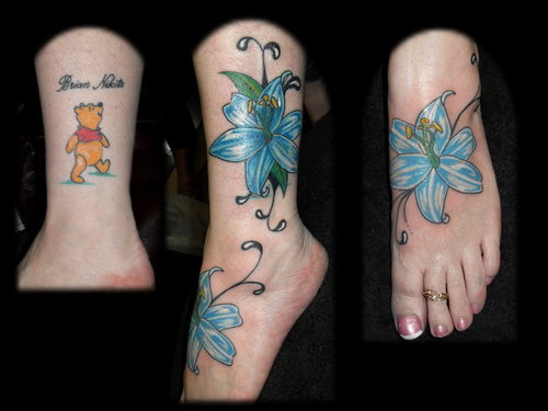 Blue Ink Lily Flowers Cover Up Tattoo On Left Foot