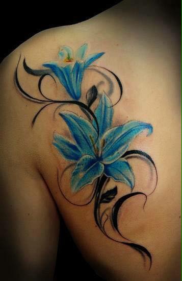 Blue Ink Lily Flowers Tattoo On Left Back Shoulder
