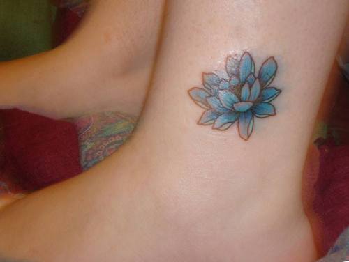 Blue Ink Lotus Flower Tattoo On Left Ankle