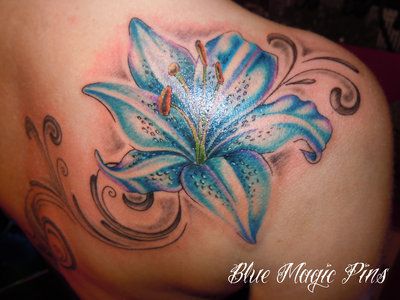 Blue Ink Stargazer Lily Tattoo On Back Shoulder by Blue Magic Pins