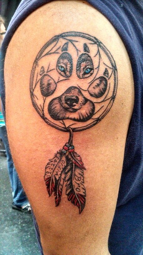 Blue Wolf Eyes In Paw Dreamcatcher Tattoo On Shoulder