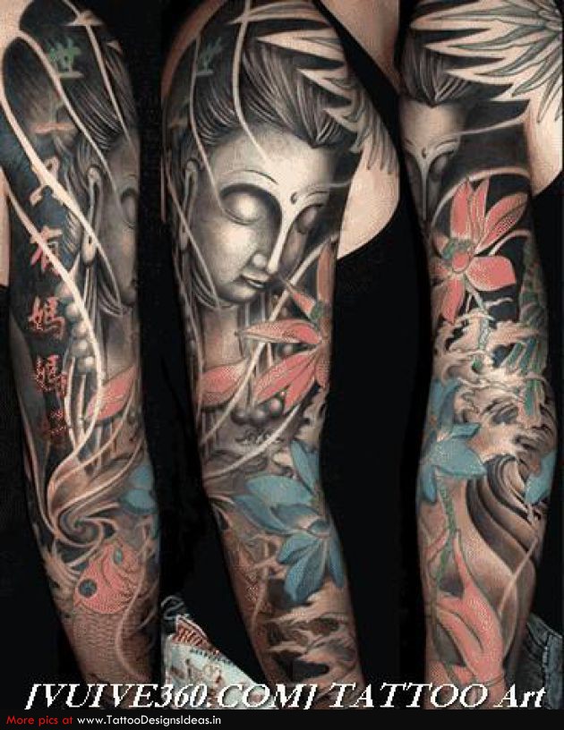 Buddha With Lotus Flowers Tattoo On Man Right Upper Arm