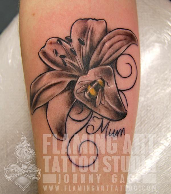 Bumblebee On Grey Lily Tattoo On Forearm