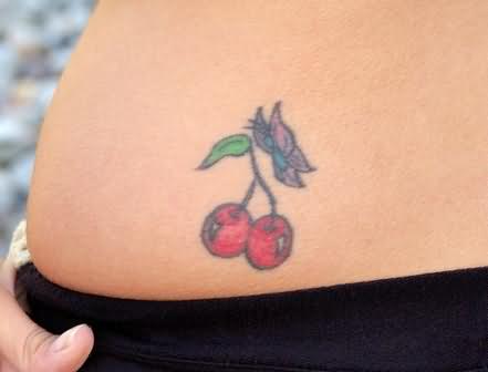 Butterfly And Cherry Tattoo On Hip