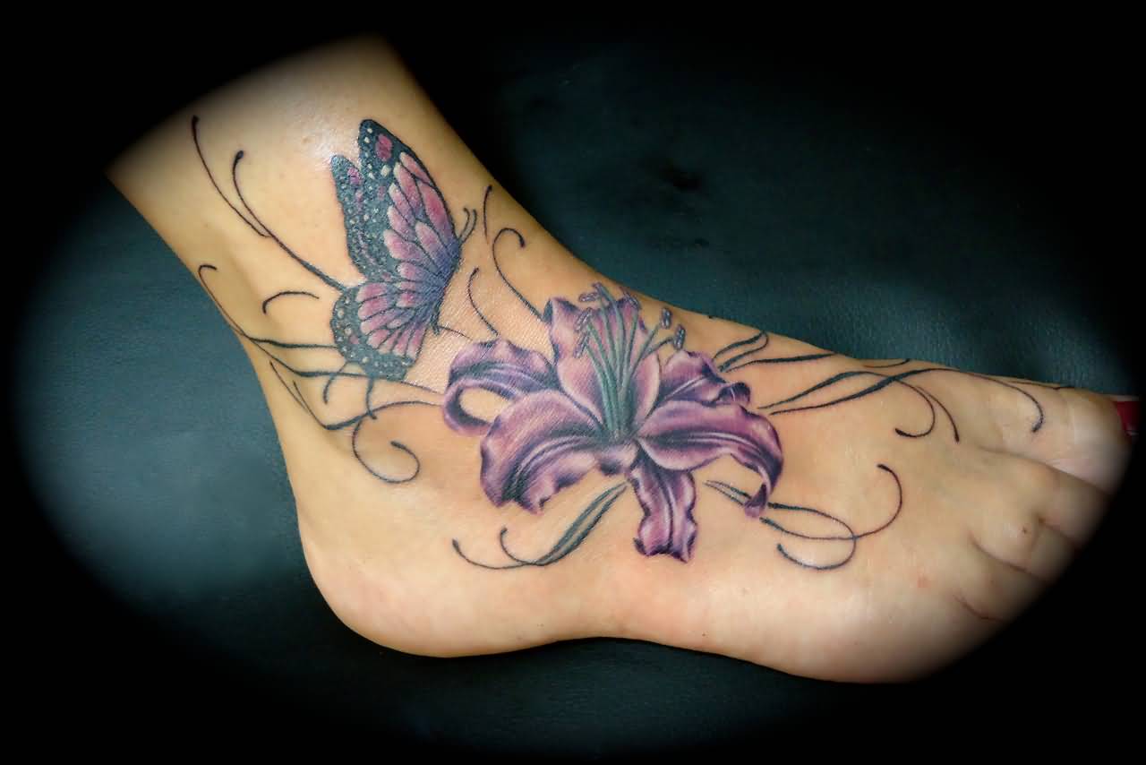 Butterfly And Stargazer Lily Tattoo On Ankle