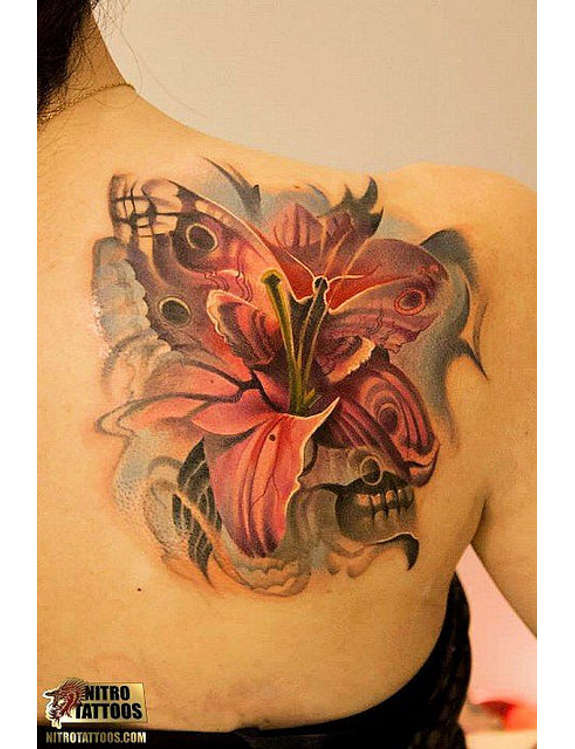 Butterfly and Lily Tattoo On Right Back Shoulder