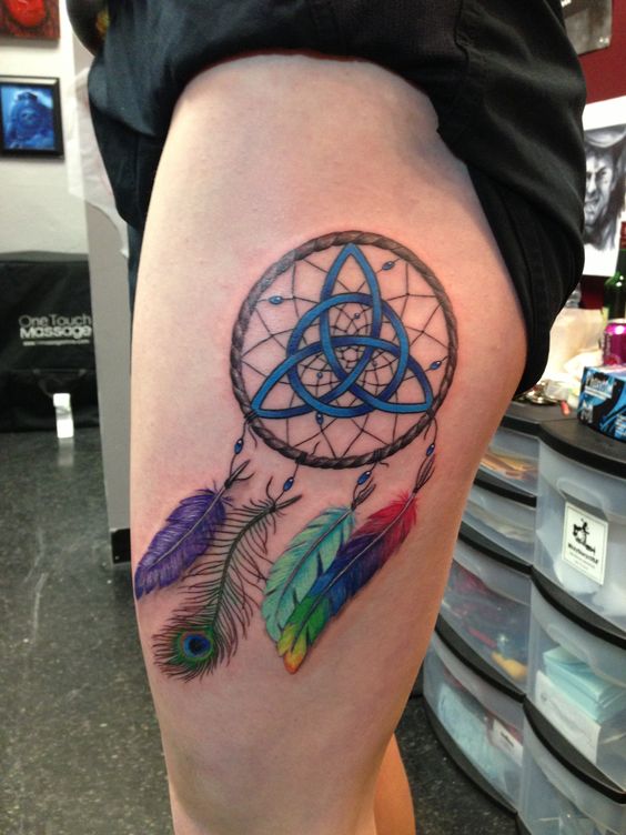 Celtic Knot Colorful Dreamcatcher Tattoo On Side Thigh