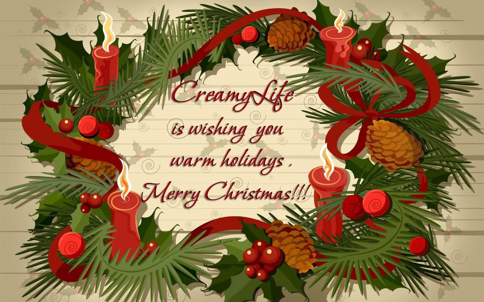 Creamy Life Is Wishing You Warm Holidays Merry Christmas Wreath Illustration