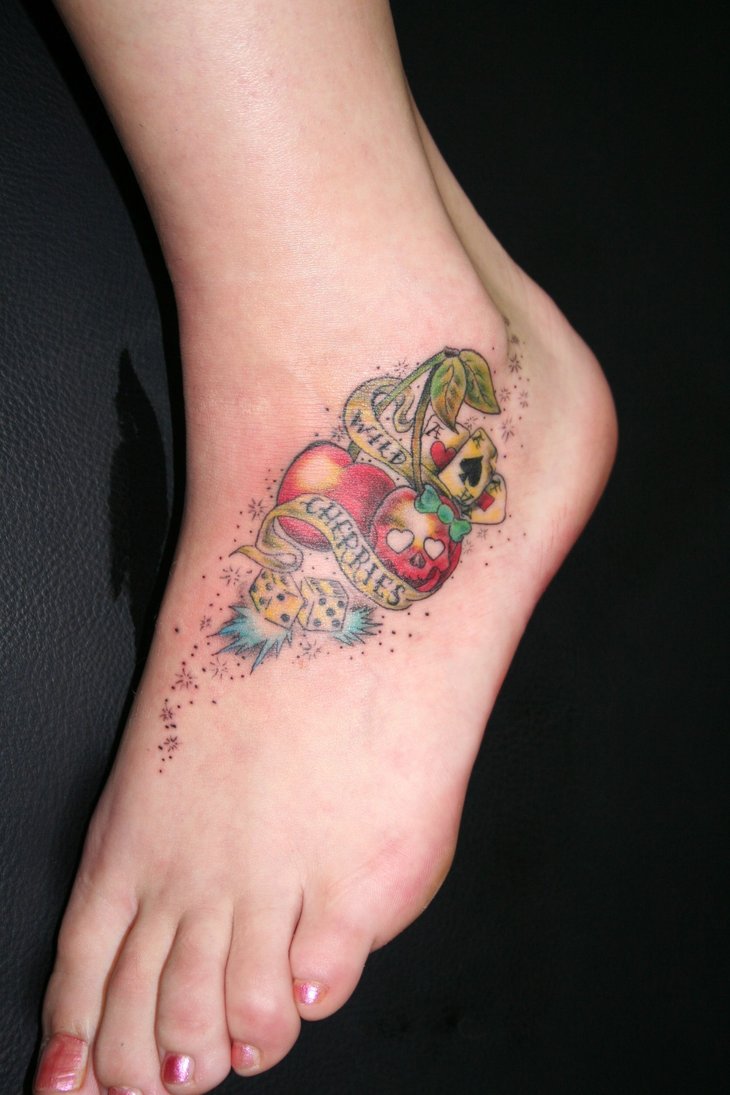 Cherries Banner And Cherry Skull Tattoo On Left Foot For Girls