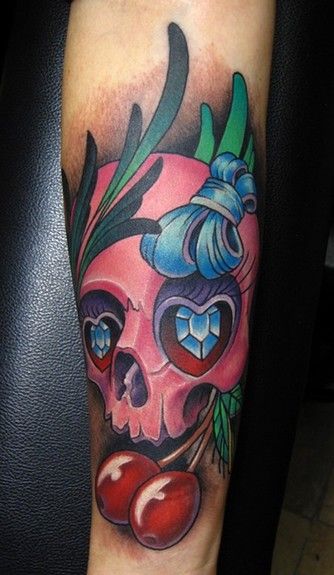 Cherry Skull Tattoo On Arm Sleeve