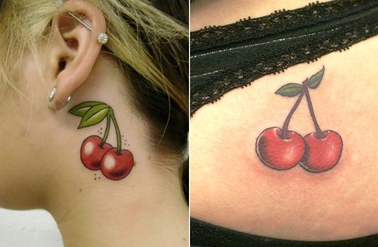 Cherry Tattoo On Girl Side Neck