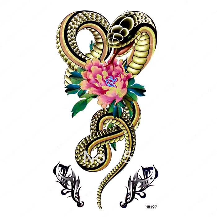 Chinese Snake With Flower Tattoo Design