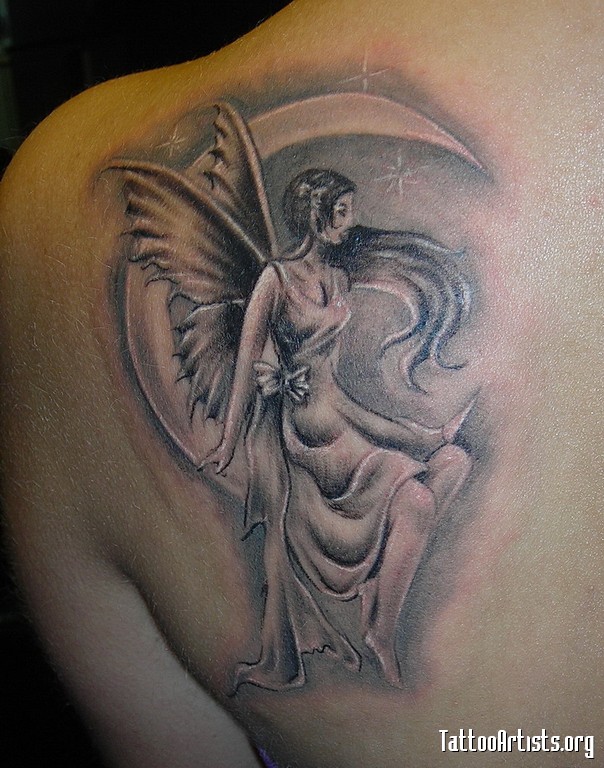 Classic Black And Grey Fairy On Half Moon Tattoo On Left Back Shoulder