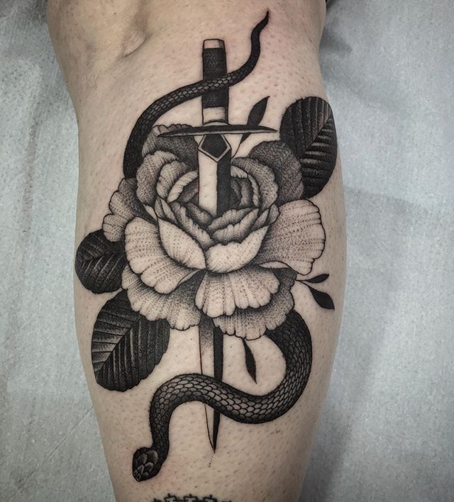 Classic Black And Grey Knife In Flower With Snake Tattoo On Leg Calf