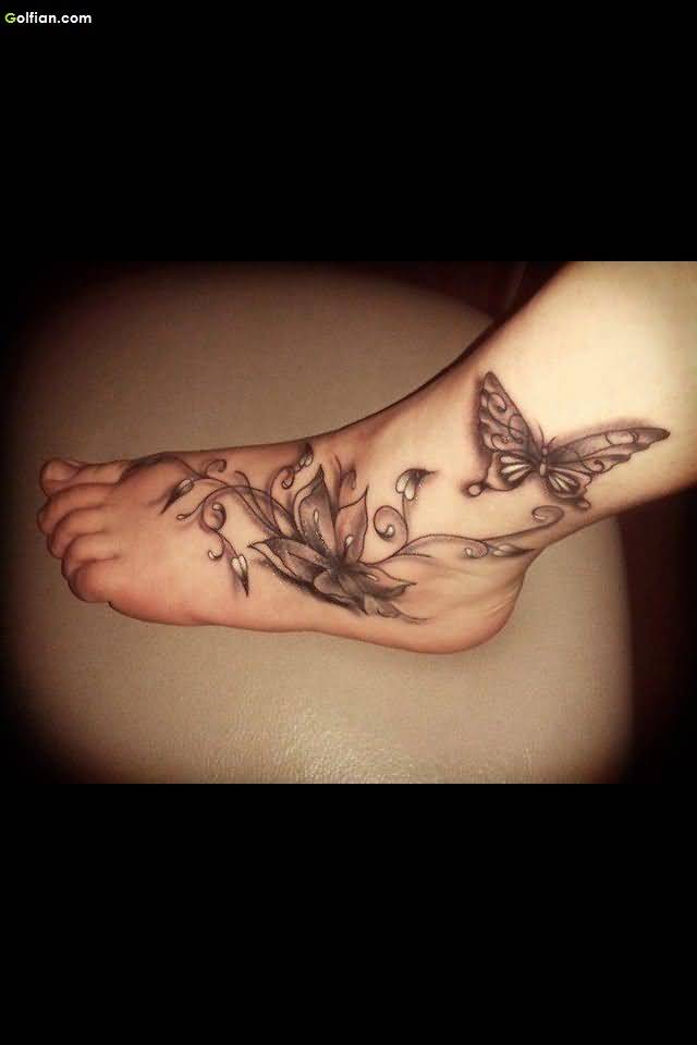 Classic Black And Grey Lily Flower With Butterfly Tattoo On Left Foot