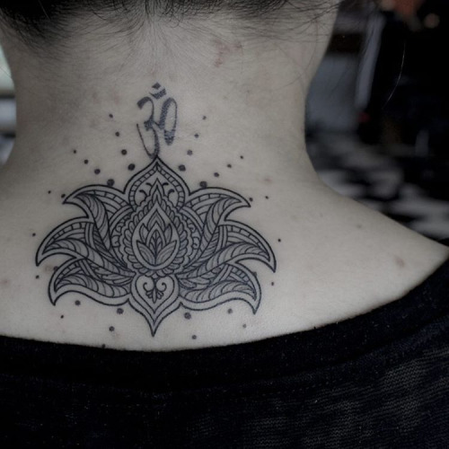 Classic Black And Grey Lotus Tattoo On Back Neck