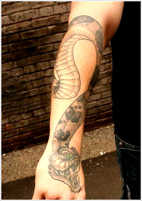 Classic Black And Grey Snake Tattoo On Right Arm