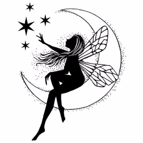 Classic Black Fairy On Half Moon With Stars Tattoo Stencil