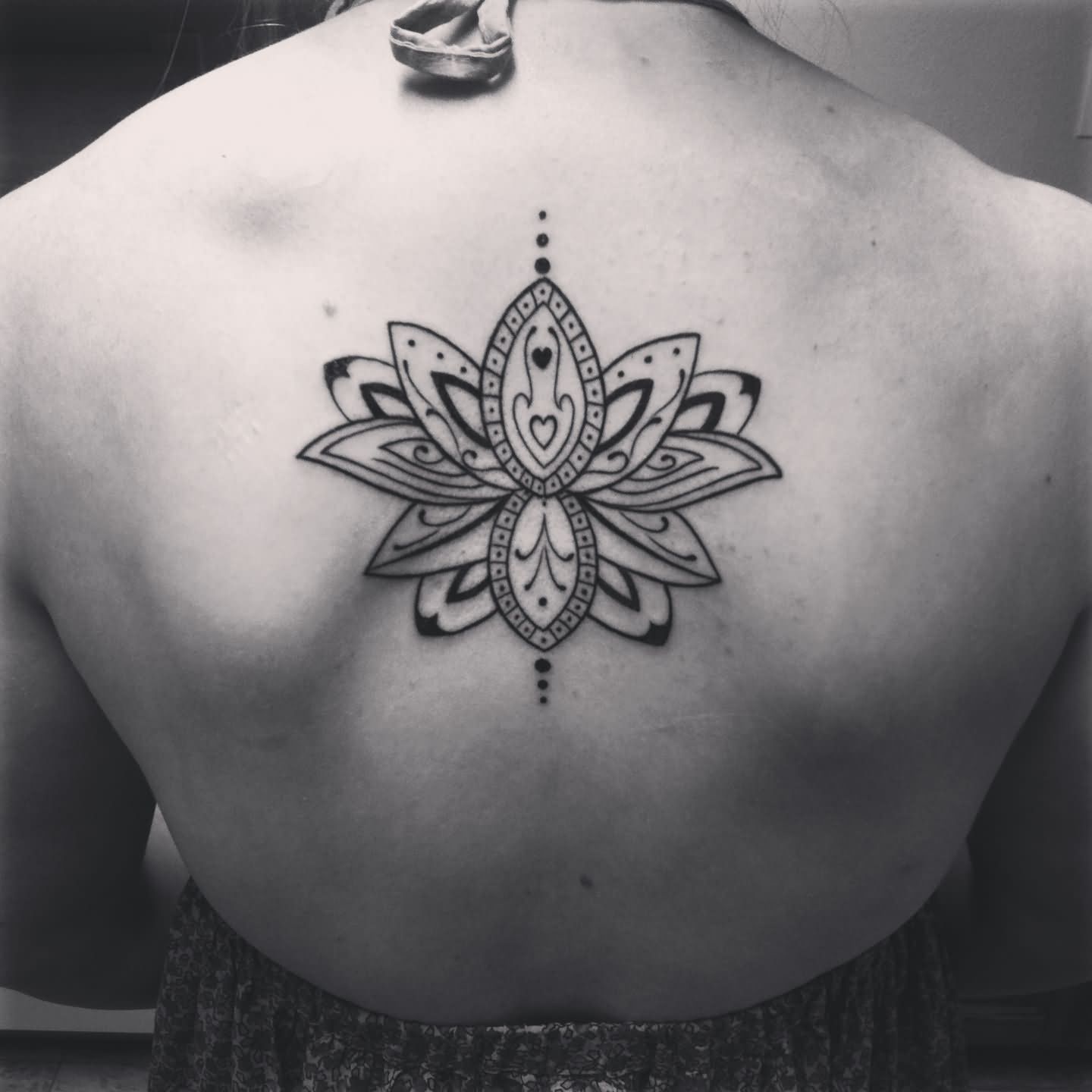 Classic Black Henna Lotus Tattoo On Girl Upper Back
