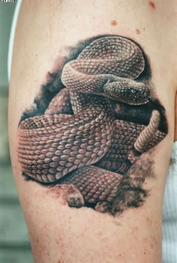 Classic Black Ink 3D Rattlesnake Tattoo On Right Half Sleeve