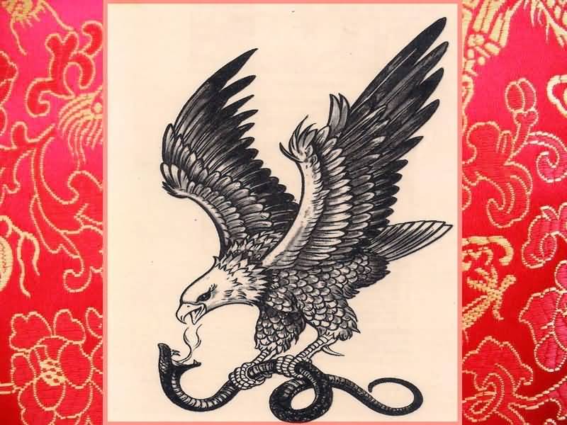 Classic Black Ink Eagle With Snake Tattoo Design