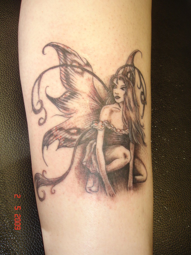 Classic Black Ink Fairy Tattoo Design For Sleeve