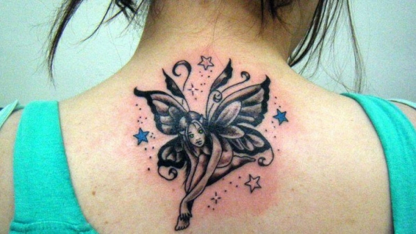 Classic Black Ink Fairy With Stars Tattoo On Girl Back Neck
