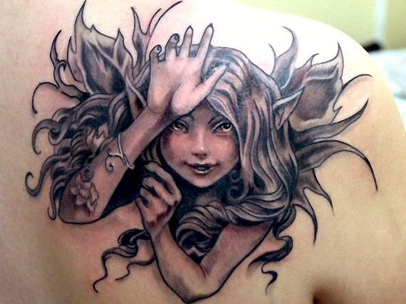 Classic Black Ink Gothic Fairy Tattoo On Right Back Shoulder