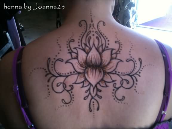 Classic Black Ink Henna Lotus Tattoo On Girl Upper Back