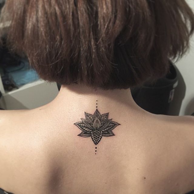 Classic Black Ink Lotus Flower Tattoo On Girl Back Neck
