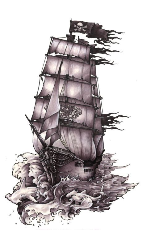 Classic Black Ink Pirate Ship Tattoo Design