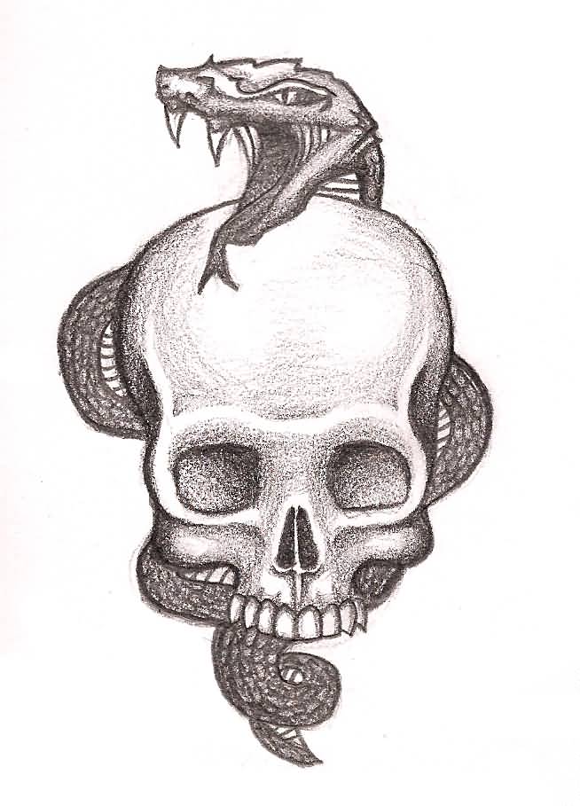 Classic Black Ink Skull With Snake Tattoo Design