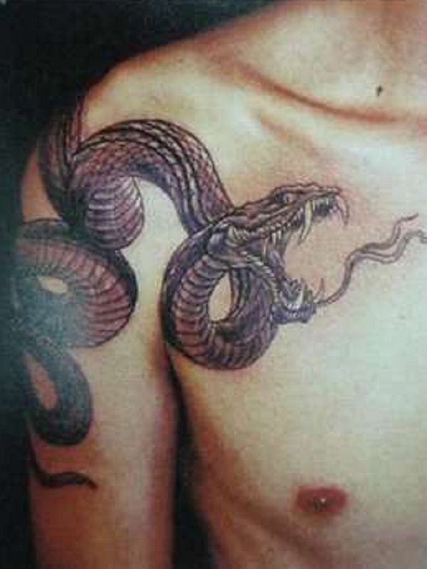 Classic Black Ink Snake Tattoo On Man Right Upper Arm