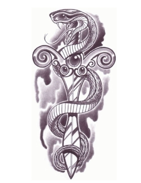 Classic Black Ink Snake With Dagger Tattoo Design