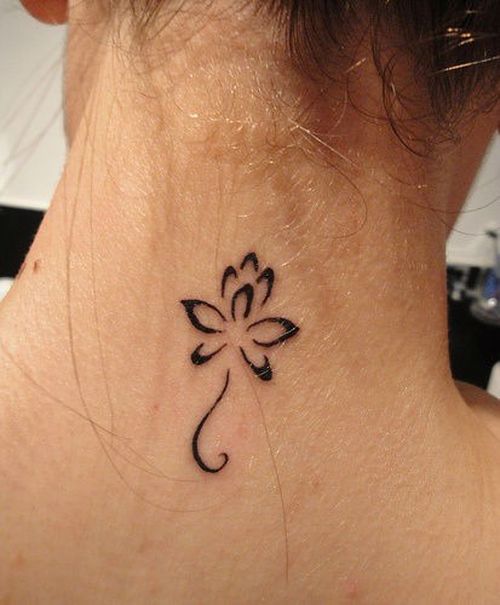 Classic Black Lotus Flower Tattoo On Girl Back Neck