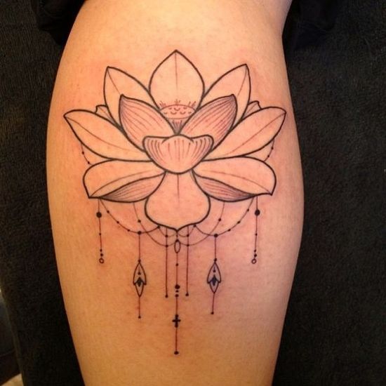 Classic Black Outline Lotus Flower Tattoo Design For Leg Calf By Patricia Gea